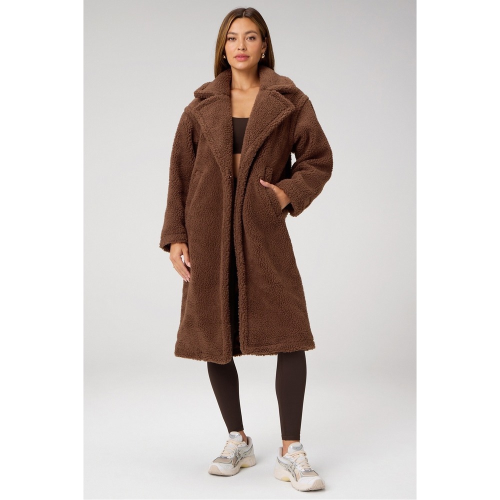 Fabletics Teddy Long Coat Medium Hazelnut Brown Faux Fur Winter Outerwear $190